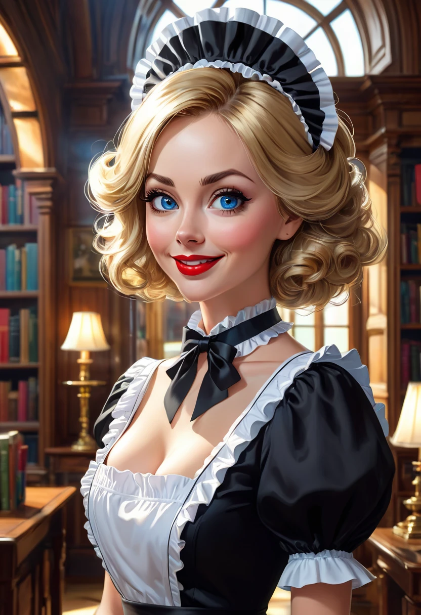 A pretty maid. best quality, masterpiece, gold blond hair, sky blue eyes, wearing a steriotypical French maid outfit, (headdress、white blouse、black ribbon、White Apron、ruffle skirt、puff sleeves、collar、choker、apron with fine ruffles：1.3)、black maid costume). looking up, upper body,hair strand,Fair skin, Large chest,. Adorable, mature Woman,detailed big-eyed woman, round face. promenent red lips. Smileing,In the mansion library, large ass, Picture from the side,looking at the scenes, intense colors, Very valuable details, complex details, volumetric lighting, digital art, 8k, trending on Artstation, Clear focus, complex details, highly detail, Greg Rutkowski Big Eyes, high-resolution, flaxen-gold-hair. Laura Vandervoortr., attractive chest, .Photorealistic. Confidence, self esteem, assertiveness, dominance. wide Amused smile. Sultry expression. , Cleavage. Perky bosum. Laura Vandervoort
