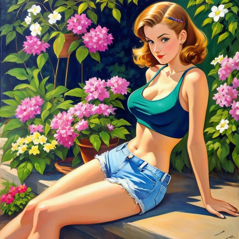 20 years old Girl sitting on the grass ,in the flower garden, No Bra, No Panties, medium breast, shining skin, dramatic lighting, pin up style, sexy, surprised, up skirt, flowing skirt, colorful , masterpieces, illustrated, shining skin, detailed face, Medium breast. tight body. Illustrated BY BILL MEDCALF.,  BILL MEDCALF style, pinup art, BILL MEDCALF,  BILL MEDCALF, vintage pin up, illustrated by BILL MEDCALF, girl pinup, pinup girl, pin-up poster girl, pin up girl, pinup, pin - up girl, Detailed face, Detailed Hands, Detailed legs,