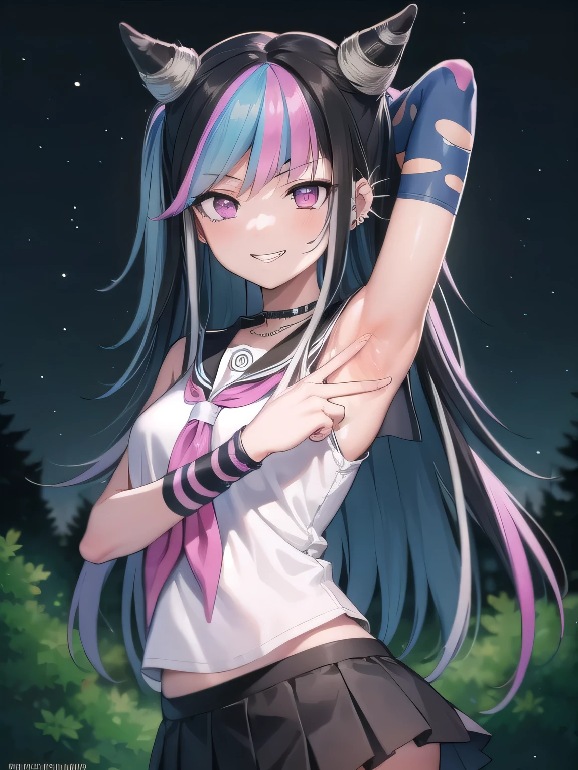 ibukimioda, ibuki mioda, black hair, blue hair, hair horns, ear piercing, lip piercing, long hair, multicolored hair, (pink eyes:1.5), pink hair, white hair,
BREAK asymmetrical legwear, black skirt, blue thighhighs, jewelry, mismatched legwear, neckerchief, necklace, piercing, pleated skirt, ring, , serafuku, shirt, skirt, thighhighs, torn clothes, torn thighhighs, zettai ryouiki,
looking at viewer, solo, night sky, forest, arms behind head, contrapposto, spread armpits, grin, upper body,
BREAK (masterpiece:1.2), best quality, high resolution, unity 8k wallpaper, (illustration:0.8), (beautiful detailed eyes:1.6), extremely detailed face, perfect lighting, extremely detailed CG, (perfect hands, perfect anatomy),