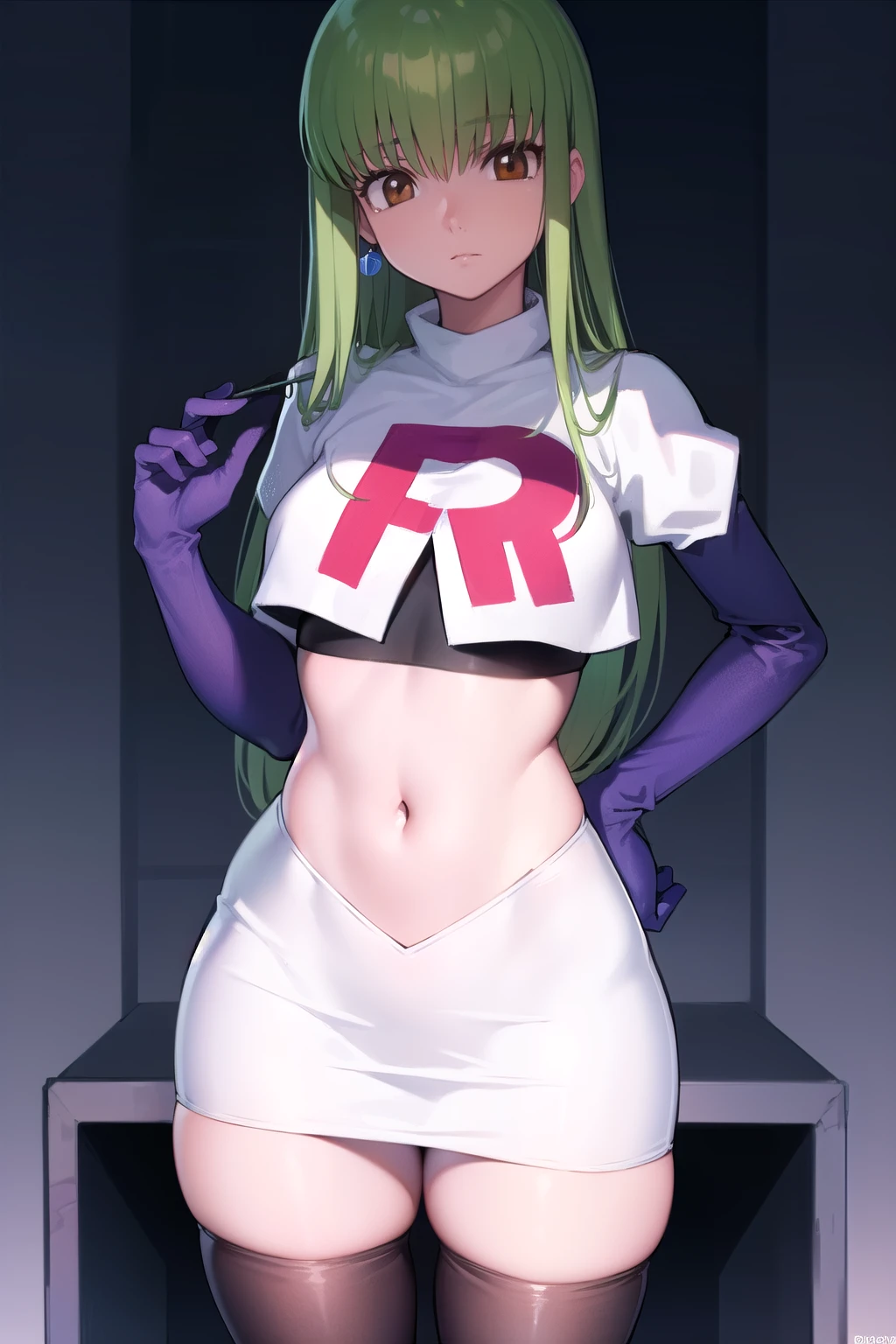 codegeasscc, cc, (brown eyes:1.5), green hair, long hair, straight hair, purple earrings
BREAK team rocket,team rocket uniform,white skirt,red letter R,crop top,black thigh-highs,black elbow gloves
BREAK looking at viewer, (cowboy shot:1.5),
BREAK (masterpiece:1.2), best quality, high resolution, unity 8k wallpaper, (illustration:0.8), (beautiful detailed eyes:1.6), extremely detailed face, perfect lighting, extremely detailed CG, (perfect hands, perfect anatomy),