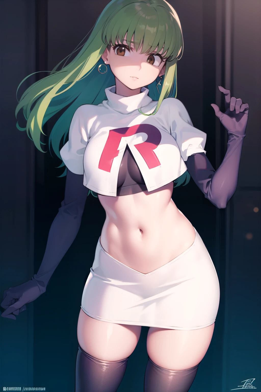 codegeasscc, cc, (brown eyes:1.5), green hair, long hair, straight hair, purple earrings
BREAK team rocket,team rocket uniform,white skirt,red letter R,crop top,black thigh-highs,black elbow gloves
BREAK looking at viewer, (cowboy shot:1.5),
BREAK (masterpiece:1.2), best quality, high resolution, unity 8k wallpaper, (illustration:0.8), (beautiful detailed eyes:1.6), extremely detailed face, perfect lighting, extremely detailed CG, (perfect hands, perfect anatomy),