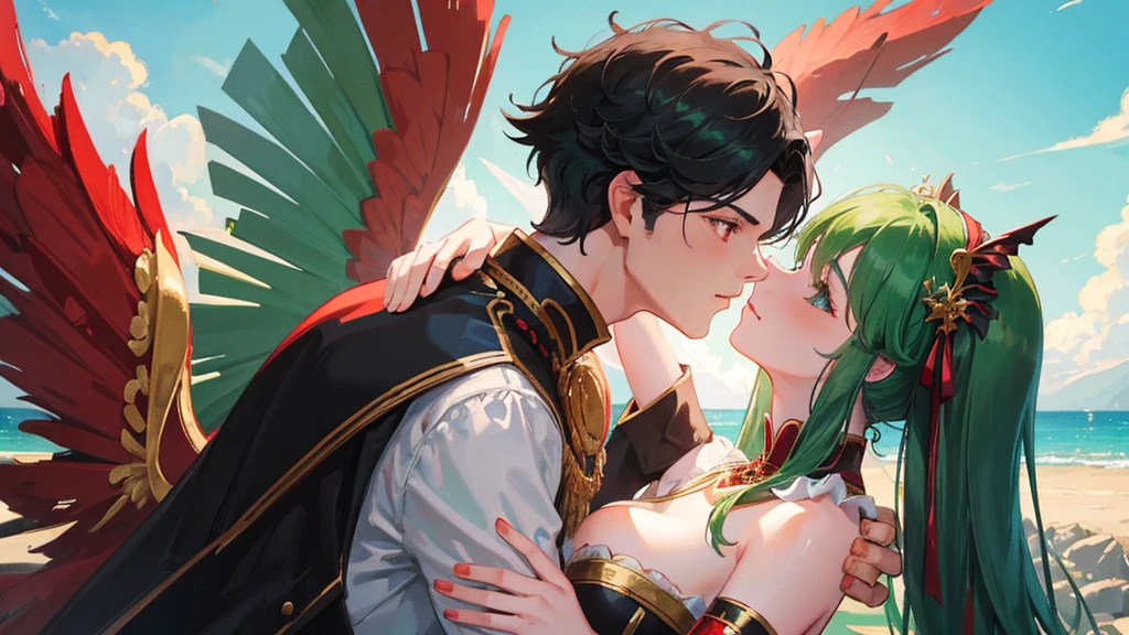 couple, boy with black hair, black and red royal clothes, majestic black wings, and girl with green hair, green and white royal clothes, fairy wings, kissing pose, sky, 8k resolution