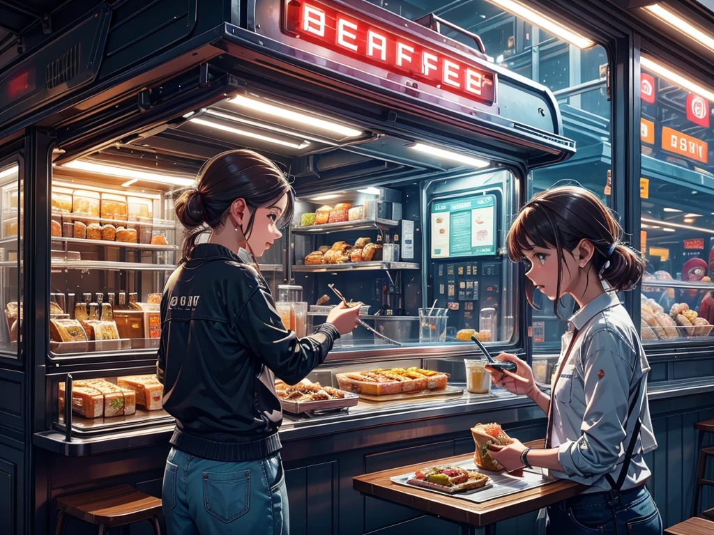 1 food truck, a girl at breakfast, Morning, LED light, Color LED, Sandwiches, drinks, Menus,  Breakfast 5 euros, 製作Sandwiches  