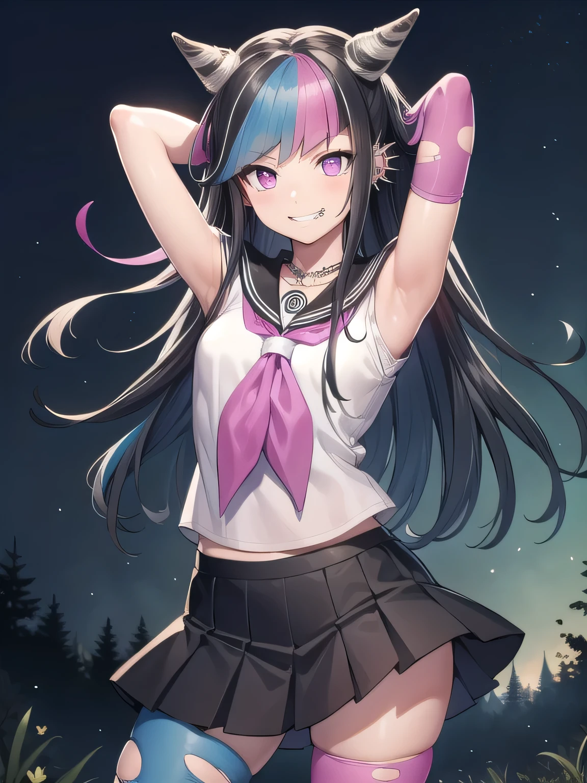 ibukimioda, ibuki mioda, black hair, blue hair, hair horns, ear piercing, lip piercing, long hair, multicolored hair, (pink eyes:1.5), pink hair, white hair,
BREAK asymmetrical legwear, black skirt, blue thighhighs, jewelry, mismatched legwear, neckerchief, necklace, piercing, pleated skirt, ring, , serafuku, shirt, skirt, thighhighs, torn clothes, torn thighhighs, zettai ryouiki,
looking at viewer, solo, night sky, forest, arms behind head, contrapposto, spread armpits, grin, cowboy shot,
(masterpiece:1.2), best quality, high resolution, unity 8k wallpaper, (illustration:0.8), (beautiful detailed eyes:1.6), extremely detailed face, perfect lighting, extremely detailed CG, (perfect hands, perfect anatomy),