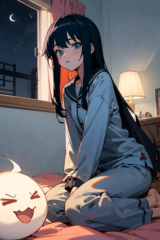 Anime filter, colorful, Ghotic anime girl teen, long black hair gaming in her bedroom at night on her all black pajamas