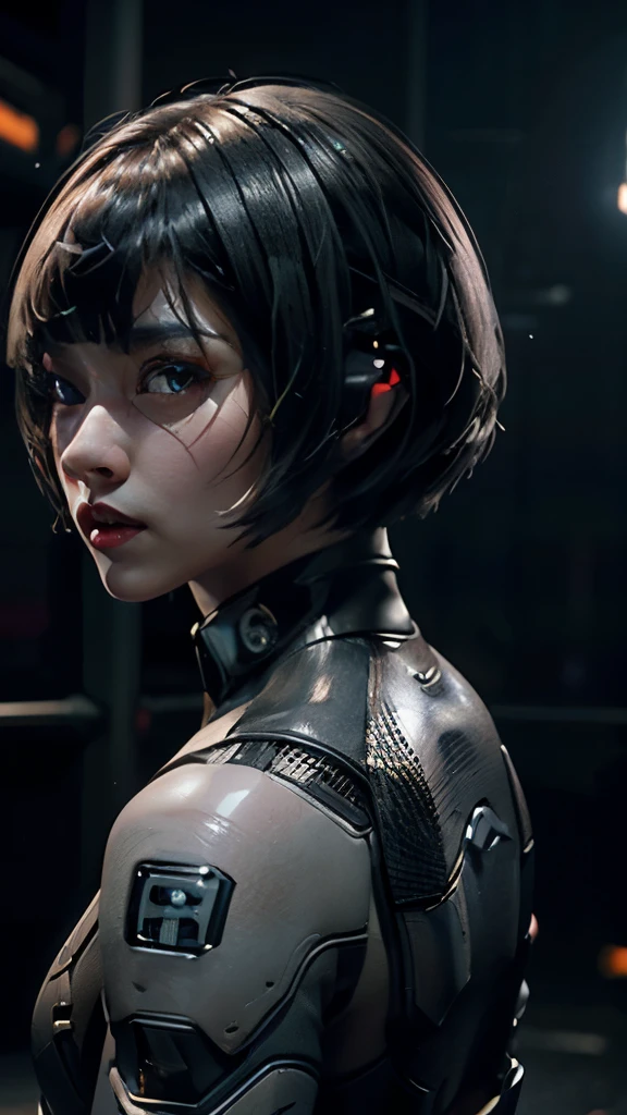 A short straight silky haired japan girl, bang, bob cut, dark eyes, , young, pale skin, frightened, insecure expression, Ultra high res, uhd, (photorealistic:1.4), doll-like face, outdoor, futuristic environment, she is a  futuristic lethal enforcer, carrying a laser gun