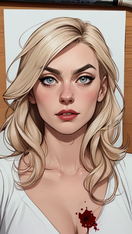 Personagem usando roupas  Burlesque suja de sangue criminoso  Yvonne Strahovski omagem de desenho animado de uma mulher .cartoon style illustration, estilo de arte dos desenhos animados, estilo de arte dos desenhos animados,  dirty with criminal blood Digital illustration style, design de personagens altamente detalhado, arte digital detalhada fofa, City fan art, Design de personagens de retrato, beautiful digital illustration, retrato de alta qualidade, Arte em quadrinhos, mulher jovem.  expression of sexual desire white background stained with criminal blood 