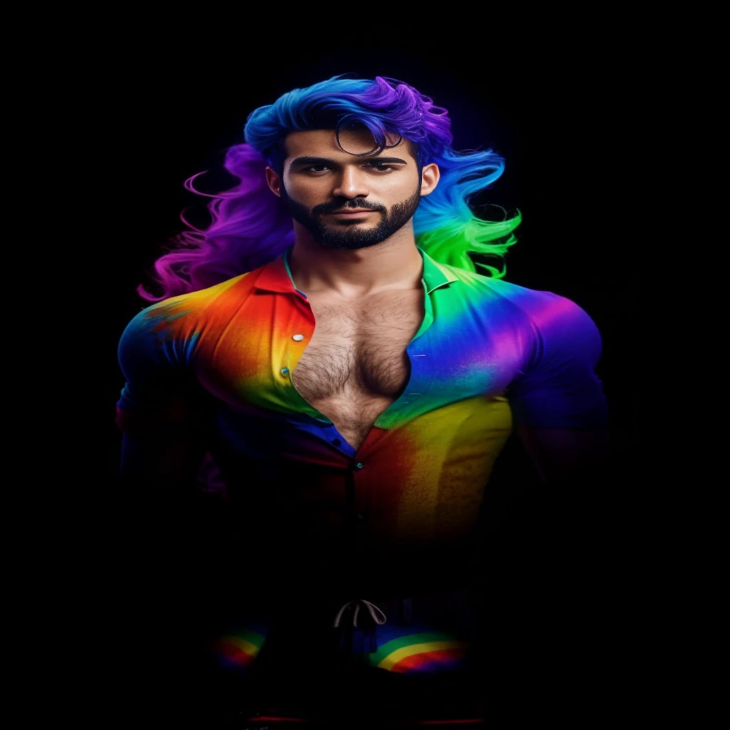 bushy man with rainbow-dyed shirt and beard, arte lgbt, olhar orgulhoso, orgulho gay, pride month, por Adam Dario Keel, por Zahari Zograf, rainbow skintight jumpsuit, Apenas Bartel, just a rainbow 8k, rainbow outfits, por Silvia Pelissero, inspired por Adam Dario Keel, personagem masculino