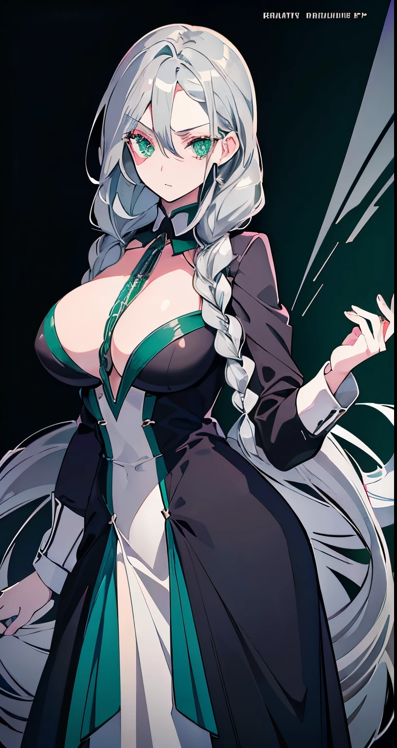 ((Beautiful Beautiful Girl)),(dark green heart color eyes), 1 and slender woman, degree々big breasts, ((Silver color hair)),((long braided hair)),In 8K, top quality, (highly detailed head: 1.0), (very detailed face: 1.0), (highly detailed hair: 1.0),((dress Clothes )),Detailed official artwork, clean detailed anime art,
