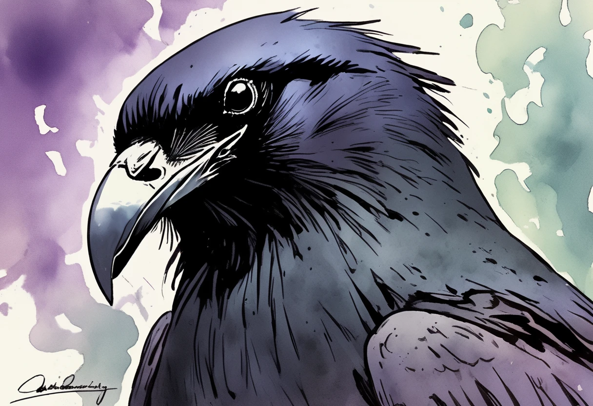 ink style figure, black crow, adorable cute, silly sinister mischievous, sly smile, knowing beady eye expression look, (wordless, single image), expressive ink, precise harsh stroke lines, animated cel, rotoscope, rich color grading shading shadows depth, nuanced watercolor background, hand drawn comic, accurate, detailed, craftsmanship, nighttime, splash page, decompressed comic, cover art, chiaroscuro lighting, unified color scheme, simple lines, subtle flourish reflection
