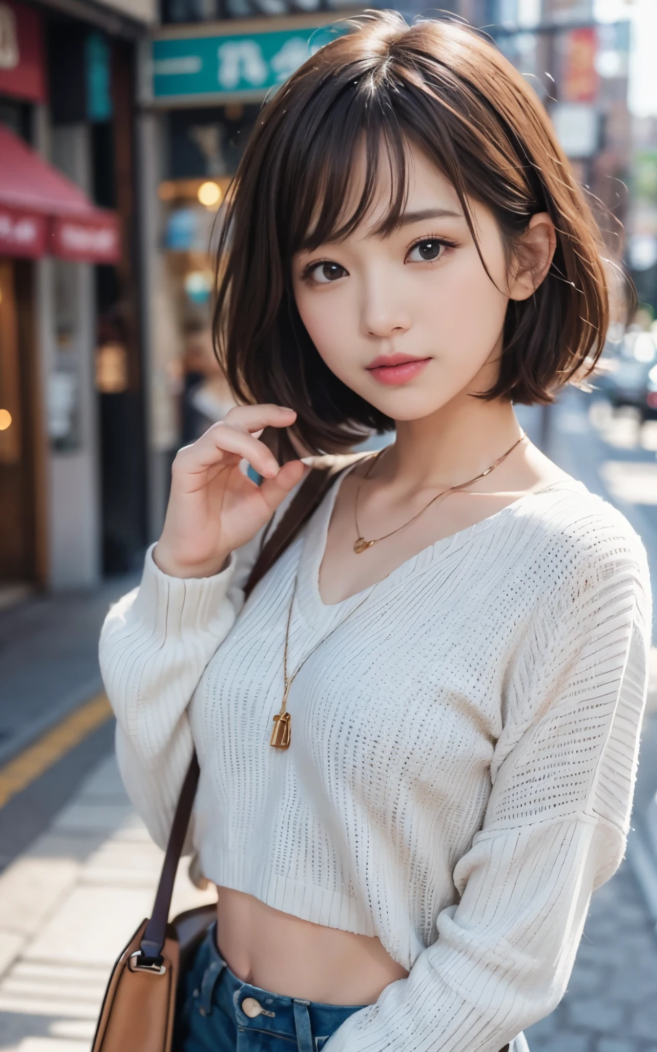 cute 21 year old japanese、city、shopping、super detail face、pay attention to details、double eyelid、beautiful thin nose、sharp focus:1.2、Beautiful woman:1.4、(light brown hair,short hair、),pure white skin、highest quality、masterpiece、ultra high resolution、(Photoreal:1.4)、Highly detailed and professional lighting、nice smile、show your whole body、Cute spring clothes、