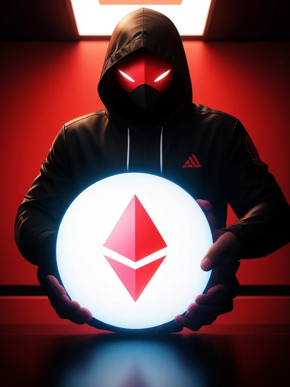 Estilo NeonNinja, close-up of a person in a red hood there is a big ball in the middle of a room, close-up of an electronic device on a table , Ethereum symbol