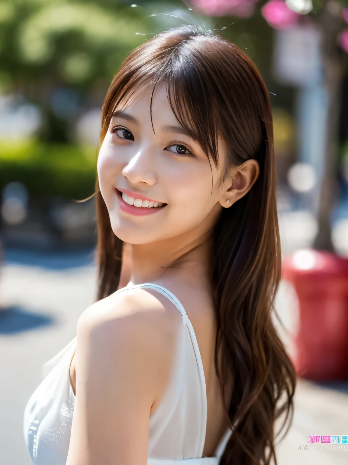 (((best image quality、highest quality、Super high quality 1.5、Super high quality 1.5、32K、muste piece、RAW photo、very clear image、very clear image quality、Photoreal 1.3、Super detailed 1.2, small details, High resolution, perfect dynamic structure, masterpiece, surreal,Highly detailed CG Unity 32K wallpaper,realistic pictures、real human being、Super detailed face、)))、The most beautiful woman working as a club hostess in Ginza、shiny brown hair、long hair、Arashiyama in Kyoto、Wearing a white dress、Enjoying the spring season、Very enchanting、she is full of confidence、Smiling at the camera、Expressing her charm to the fullest、random sexy pose 1.5、(face and body completely facing forward、)、