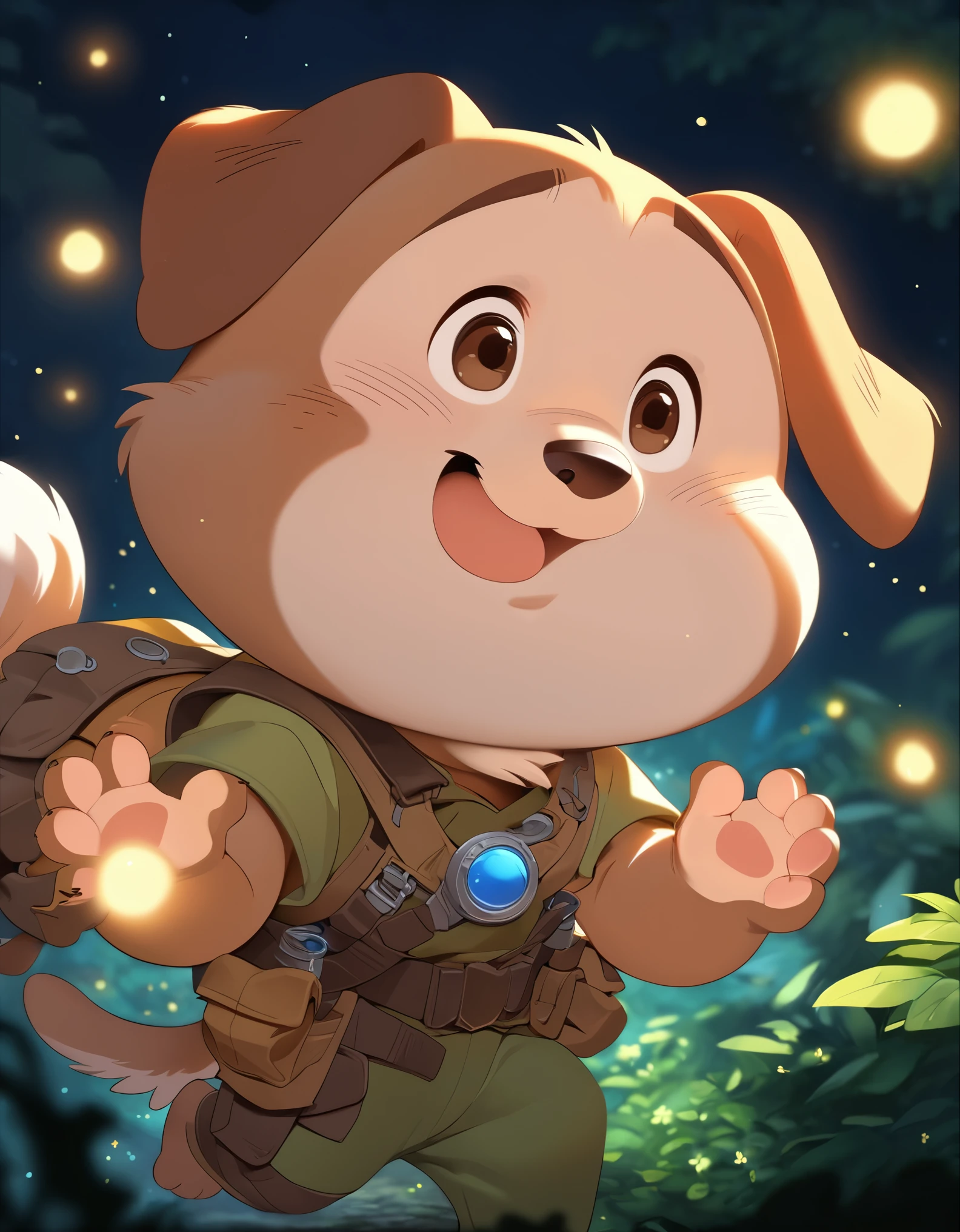 anthro, kemono, male, solo, ((round face, very plump face, thick beard)), ((endomorph body type, old-aged)), ((adventure costume:1.5)), ((domestic dog, dog) fluffy fur, fluffy), (at magical forest), (nighttime), bokeh, (holding a firefly, firefly on his hands), surrounded by fireflies, particle lighting, detailed background, (high quality, highres, masterpiece), (dynamic lighting, vivid color), (happy, joyful, suprised face, lift-eyebrow), wholesome scene, (dynamic pose), (close up persective), cartoon, (animaginexl:1.3), (chibi:1.2), cartoonish character design