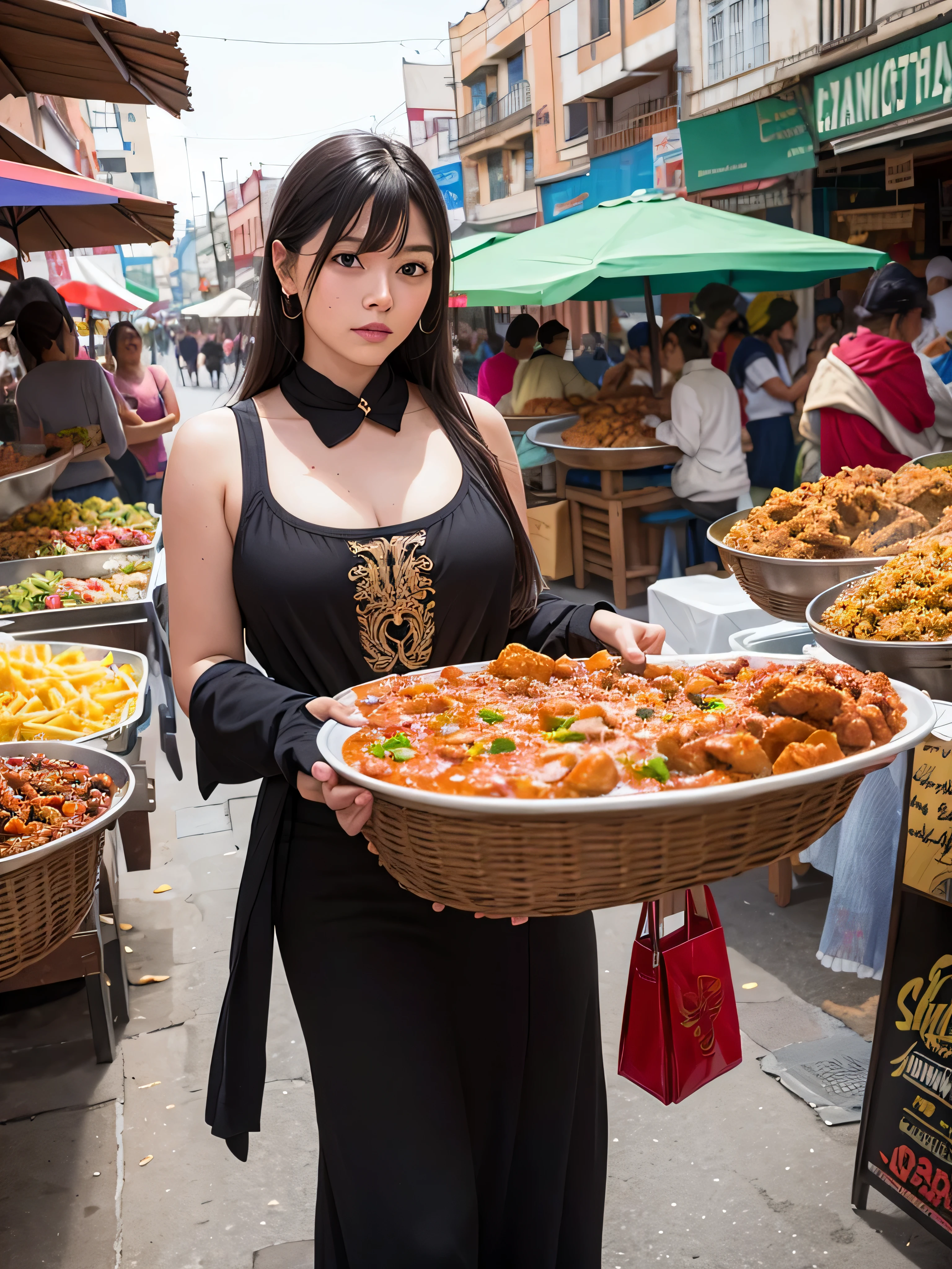 by Michael Parkes and Diego Rivera, (retro futurism , digital art but extremely beautiful As you take a bite of the chili, you are transported to a bustling street market in Mexico. The rich aromas and vibrant colors of the scene are captured in a realistic, detailed rendering that makes you feel like you are there.