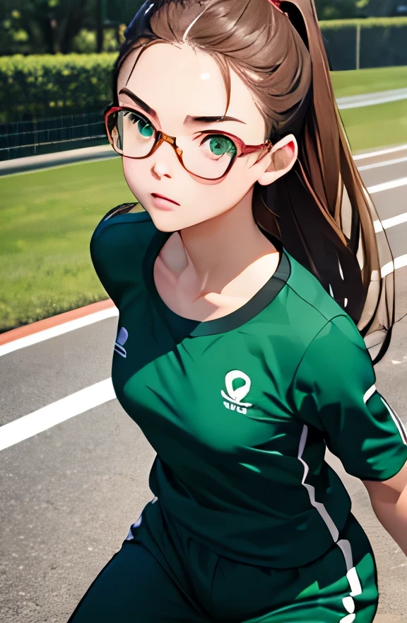 highest quality、realistic、Japanese、girl、zoom、look up、cute、green eyes、long hair、glasses、chestnut hair、all back、The forehead is out、playground、Gym suit、sprinting、Sweat、bust shot、slender、small breasts