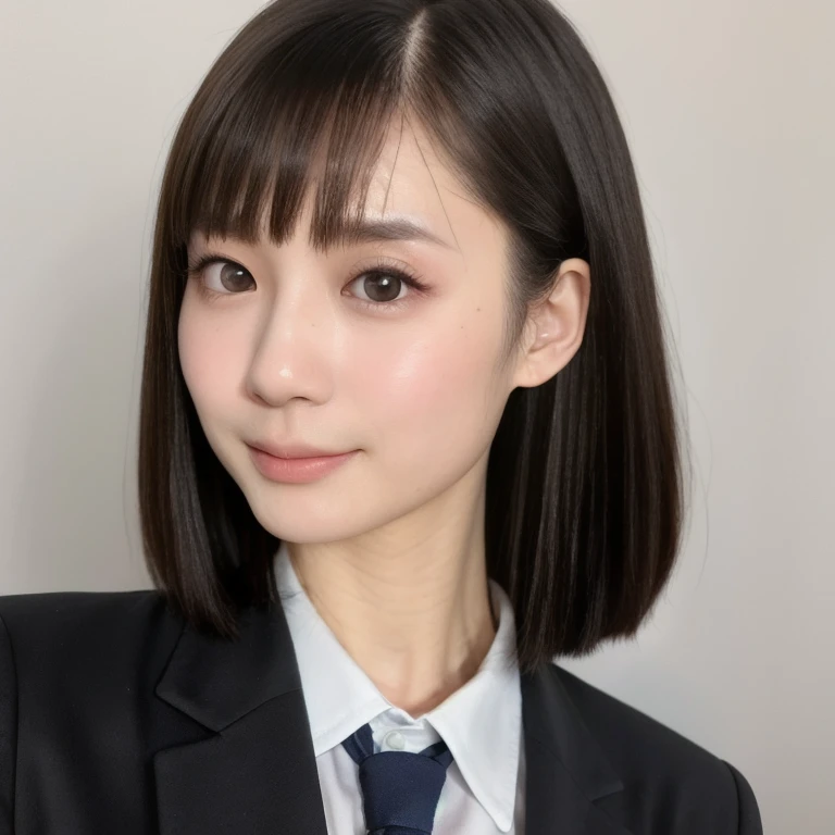 (kawaii 24 year-old Japanese girl, Nogizaka idol, Korean idol), (glossy black hair, very short hair, symmetric hair length, even hair length:1.3), (forehead), (rounded face, black eyes, single eyelid, no makeup, relaxed expression:1.2), (wearing Japanese school uniforms, blazer jacket, collared shirt, necktie:1.3), flat chest, extra small breasts, (looking straight at camera:1.2), BREAK, (simple white background:1.3), (view from straight forward, portrait, id photo, close shot:1.3), face focus, BREAK, (masterpiece, best quality, photo realistic, official art:1.4), (UHD, 8K quality wallpaper, high resolution, raw photo, golden ratio:1.2), (shiny skin), professional lighting, physically based rendering, award winning, (perfect anatomy, highly detailed skin, extremely detailed face and eyes), Carl Zeiss 85 mm F/1.4, depth of field, 1girl, solo,