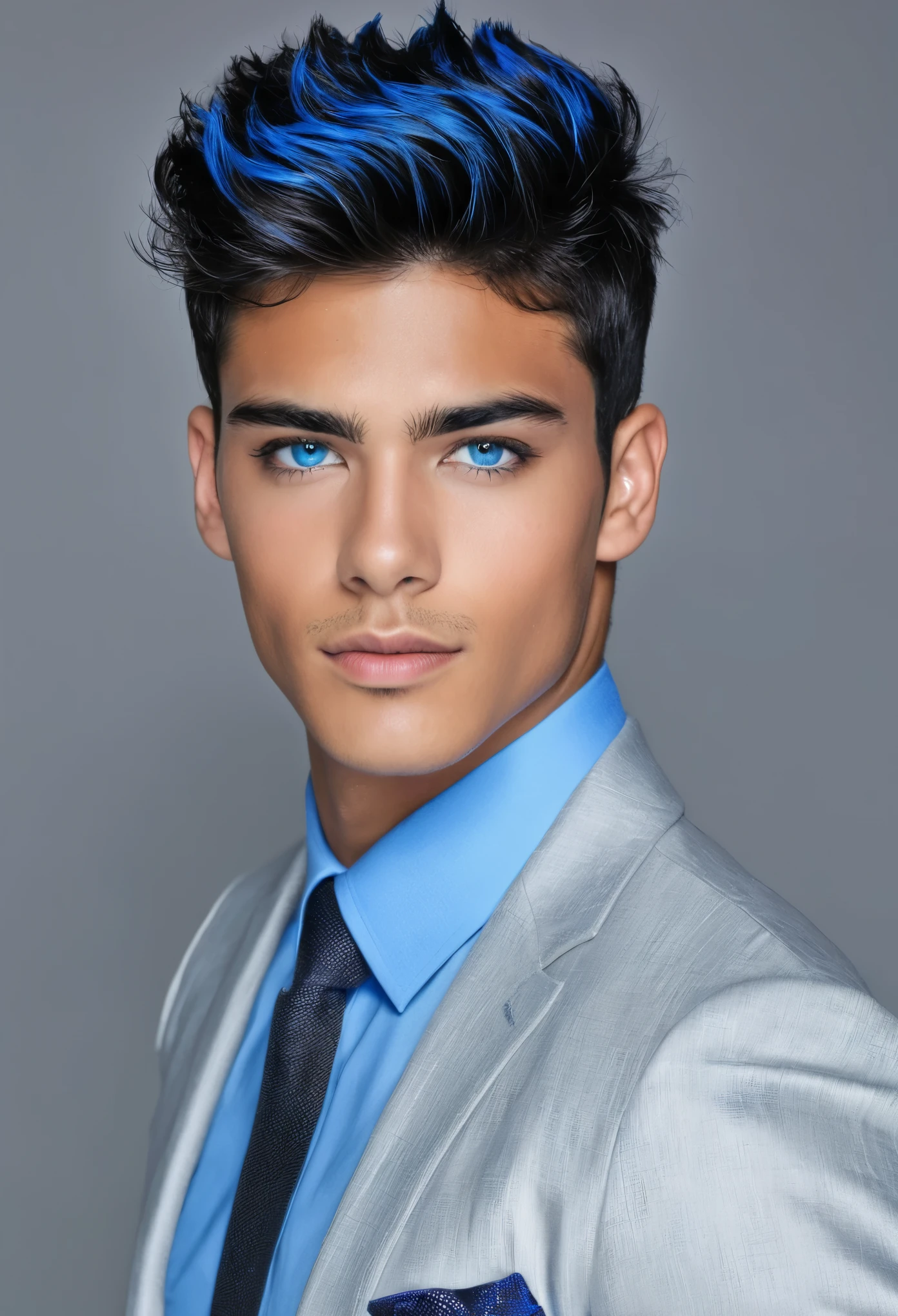 Hombre joven, pelo negro, ojos azules, piel blanca, musculoso, vestimenta elegante, cabello negro y corto.