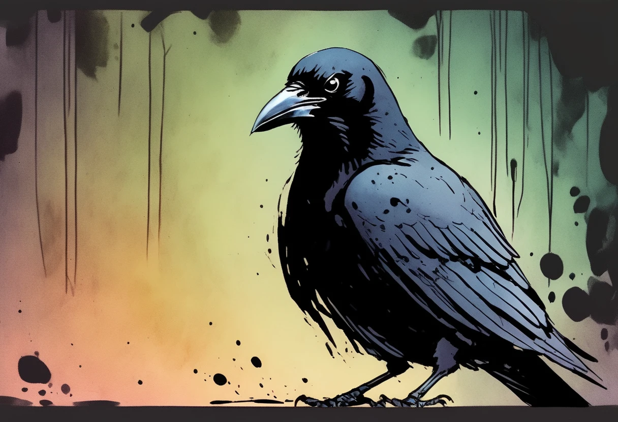ink style figure, black crow, adorable cute, silly sinister mischievous, sly smile, knowing beady eye expression look, (wordless, single image), expressive ink, precise harsh stroke lines, animated cel, rotoscope, rich color grading shading shadows depth, nuanced watercolor background, hand drawn comic, accurate, detailed, craftsmanship, nighttime, splash page, decompressed comic, cover art, chiaroscuro lighting, unified color scheme, simple lines, subtle flourish reflection