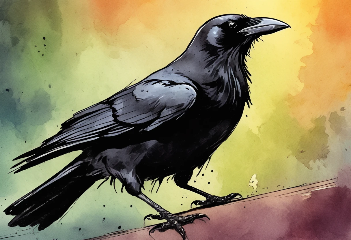 ink style figure, black crow, adorable cute, silly sinister mischievous, sly smile, knowing beady eye expression look, (wordless, single image), expressive ink, precise harsh stroke lines, animated cel, rotoscope, rich color grading shading shadows depth, nuanced watercolor background, hand drawn comic, accurate, detailed, craftsmanship, nighttime, splash page, decompressed comic, cover art, chiaroscuro lighting, unified color scheme, simple lines, subtle flourish reflection