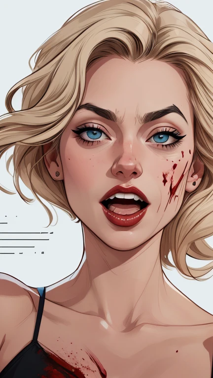 Personagem usando roupas Burlesque suja de sangue criminoso Yvonne Strahovski omagem de desenho animado de uma mulher .cartoon style illustration, estilo de arte dos desenhos animados, estilo de arte dos desenhos animados, open mouth with vampire teeth stained with criminal blood Digital illustration style, design de personagens altamente detalhado, arte digital detalhada fofa, City fan art, Design de personagens de retrato, beautiful digital illustration, retrato de alta qualidade, Arte em quadrinhos, mulher jovem. expression of sexual desire white background stained with criminal blood
