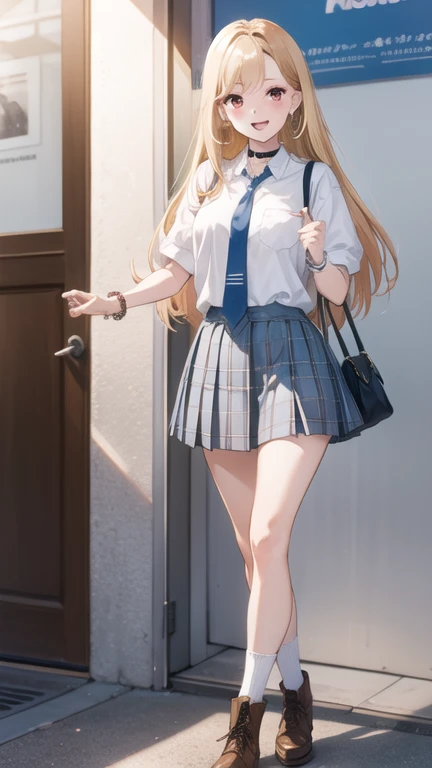 1girl, Marin Kitagawa, long hair, blonde hair, red eyes, piercing, earrings, ear piercing, stud earrings, black choker, loose necktie, , white collared shirt, (blue skirt:1.1), pleated skirt, plaid skirt, bead bracelet, wrist scrunchie, long fingernails, open mouth, smile, black socks, brown footwear,, (masterpiece:1.2), highres, best quality, 8k, very clear,
