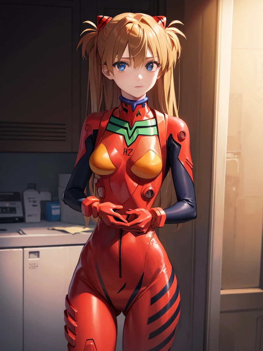 asukalangley, Asuka Langley Soryu, (Souryu Asuka Langley:1.5), Blue eyes, hair between eye, Headgear, Interface headset, Orange hair, two side up,
Blake Bodysuit, Long sleeves, plugsuit, Red bodysuit,
Break indoors, crass room,
BREAK looking at viewer, (Cowboy Shot:1.5),
BREAK (masutepiece:1.2), Best Quality, High resolution, Unity 8k wallpaper, (Illustration:0.8), (Beautiful detailed eyes:1.6), extra detailed face, Perfect Lighting, extremely details CG, (Perfect hands, Perfect Anatomy),