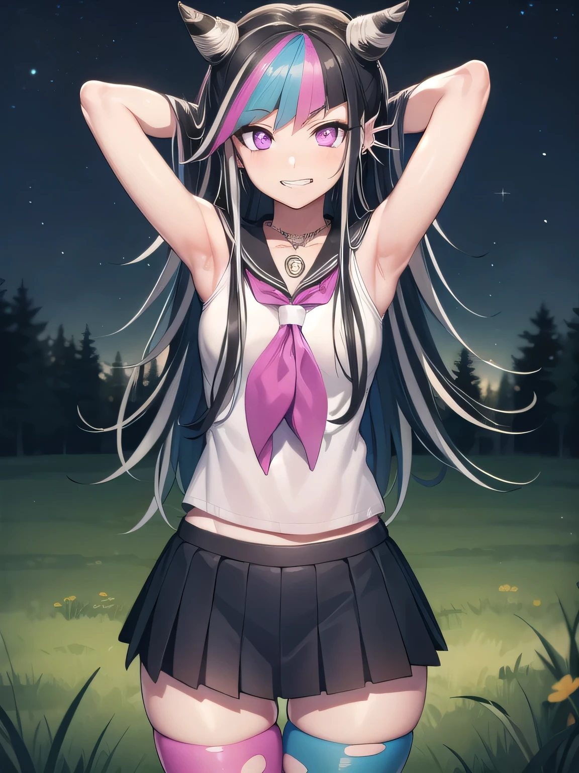 ibukimioda, ibuki mioda, black hair, blue hair, hair horns, ear piercing, lip piercing, long hair, multicolored hair, (pink eyes:1.5), pink hair, white hair,
BREAK asymmetrical legwear, black skirt, blue thighhighs, jewelry, mismatched legwear, neckerchief, necklace, piercing, pleated skirt, ring, , serafuku, shirt, skirt, thighhighs, torn clothes, torn thighhighs, zettai ryouiki,
looking at viewer, solo, night sky, forest, arms behind head, contrapposto, spread armpits, grin, cowboy shot,
(masterpiece:1.2), best quality, high resolution, unity 8k wallpaper, (illustration:0.8), (beautiful detailed eyes:1.6), extremely detailed face, perfect lighting, extremely detailed CG, (perfect hands, perfect anatomy),