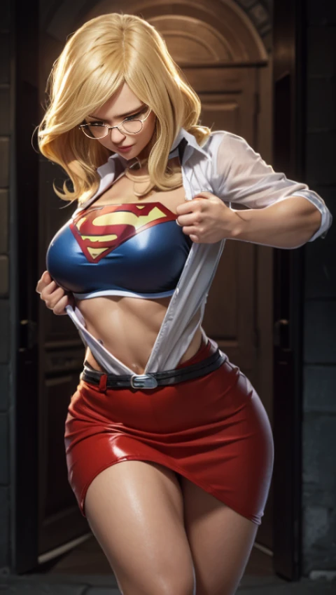 The character Supergirl, perfect and blue costume, blond hair, perfect curves, beautiful face, seductive girl...