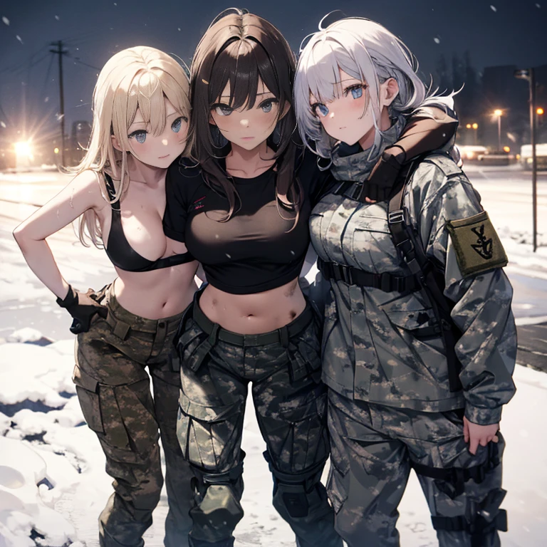 A group of female soldiers, (in snow storm), various hair styles, tank top, harem, beautiful leg, midriff, camouflage military trousers, showings off armpits, seducing, bdsm, dirty, grab breast from behind