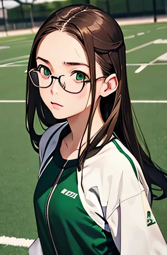 highest quality、realistic、Japanese、girl、zoom、look up、cute、green eyes、long hair、glasses、chestnut hair、all back、The forehead is out、playground、Gym suit、sprinting、Sweat、bust shot、slender、small breasts