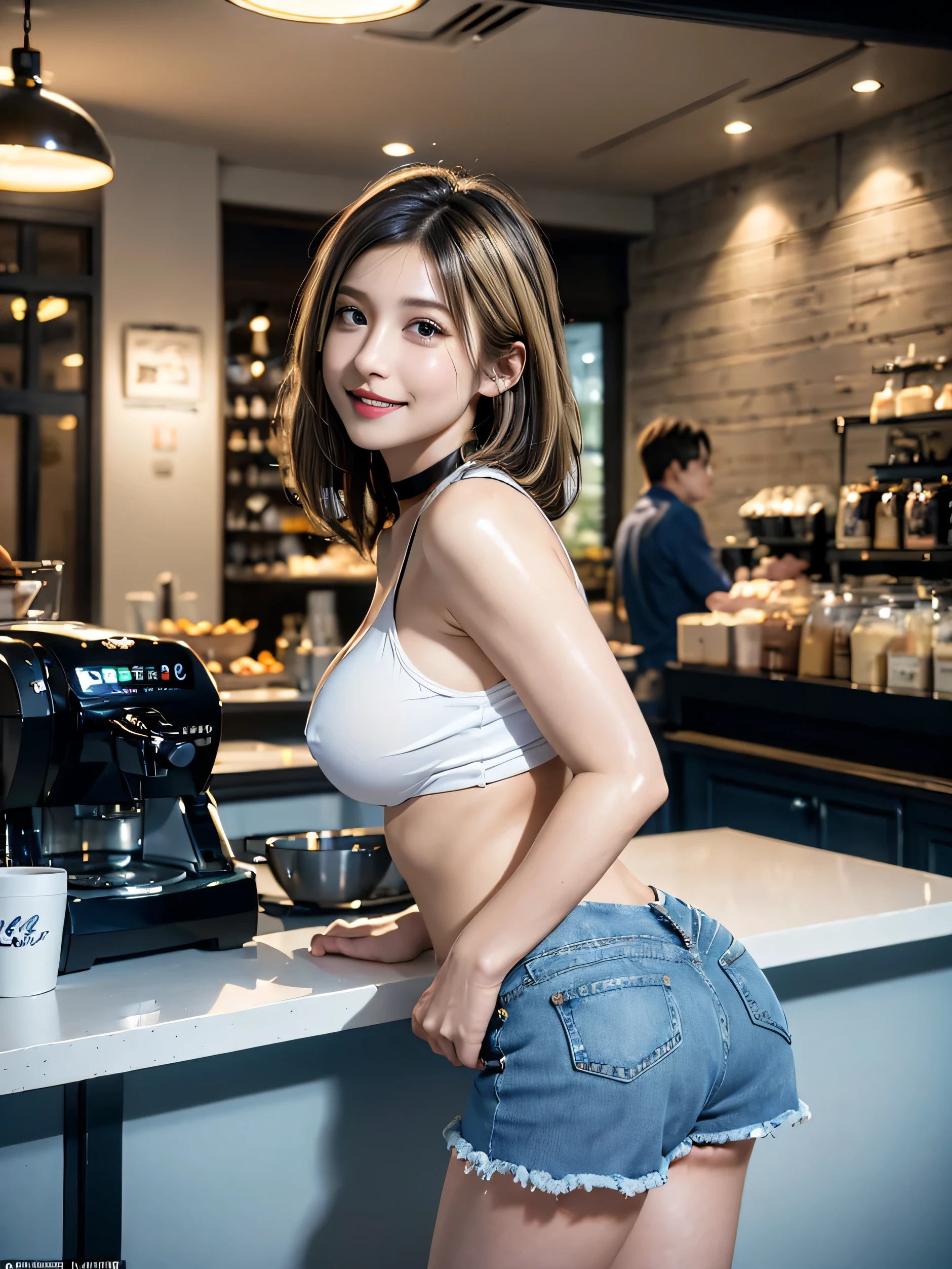 (photorealistic:1.8, highest quality:1.8,8K masterpiece:1.8,High resolution,muste piece:1.8,RAW Photos,cinematic lighting),No split screen, morning、Good Morning、The coffee shop of the future、（A 23-year-old female clerk brewing coffee:1.5)、
（choker、beautiful breasts、shirt、Denim Micro Shorts、beautiful butt,beautiful thighs,plump nipples、cutting edge fashion）、
shortcut、(Beautiful shiny blue white black brown blonde hair:1.5)、Have fun and laugh、photo seen from behind