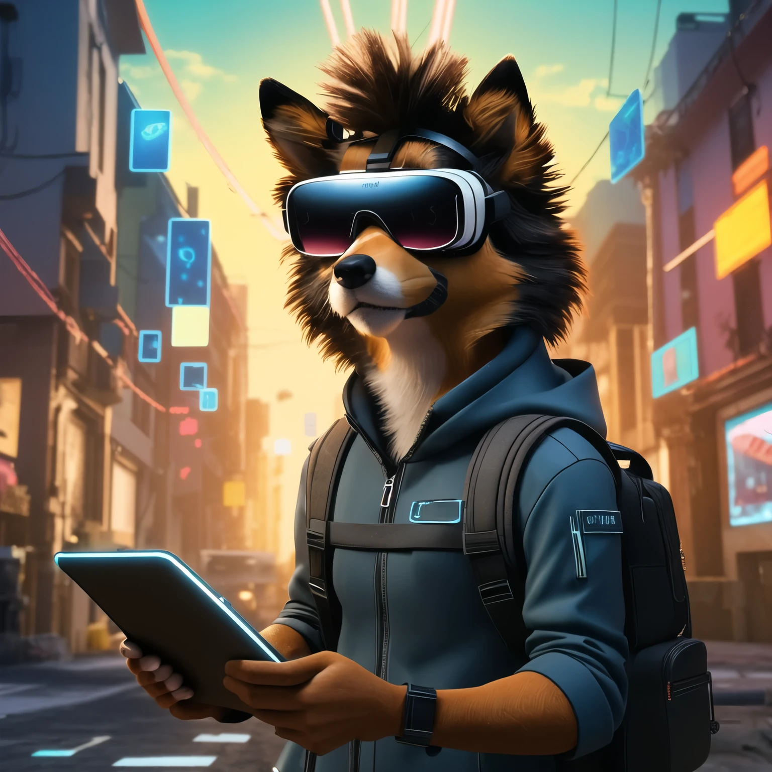 cachorro arafado usando um fone de ouvido de realidade virtual e segurando um tablet, an anthropomorphic cyberpunk fox, raposa digital, arte peluda pov, arte digital peluda, fursona usando roupas estilosas, no estilo de beeple, retrato de personagem peludo, em uma cibercidade, Estilo Beeple, generic hairy style, arte pov de pata peluda, 3D rendering beep