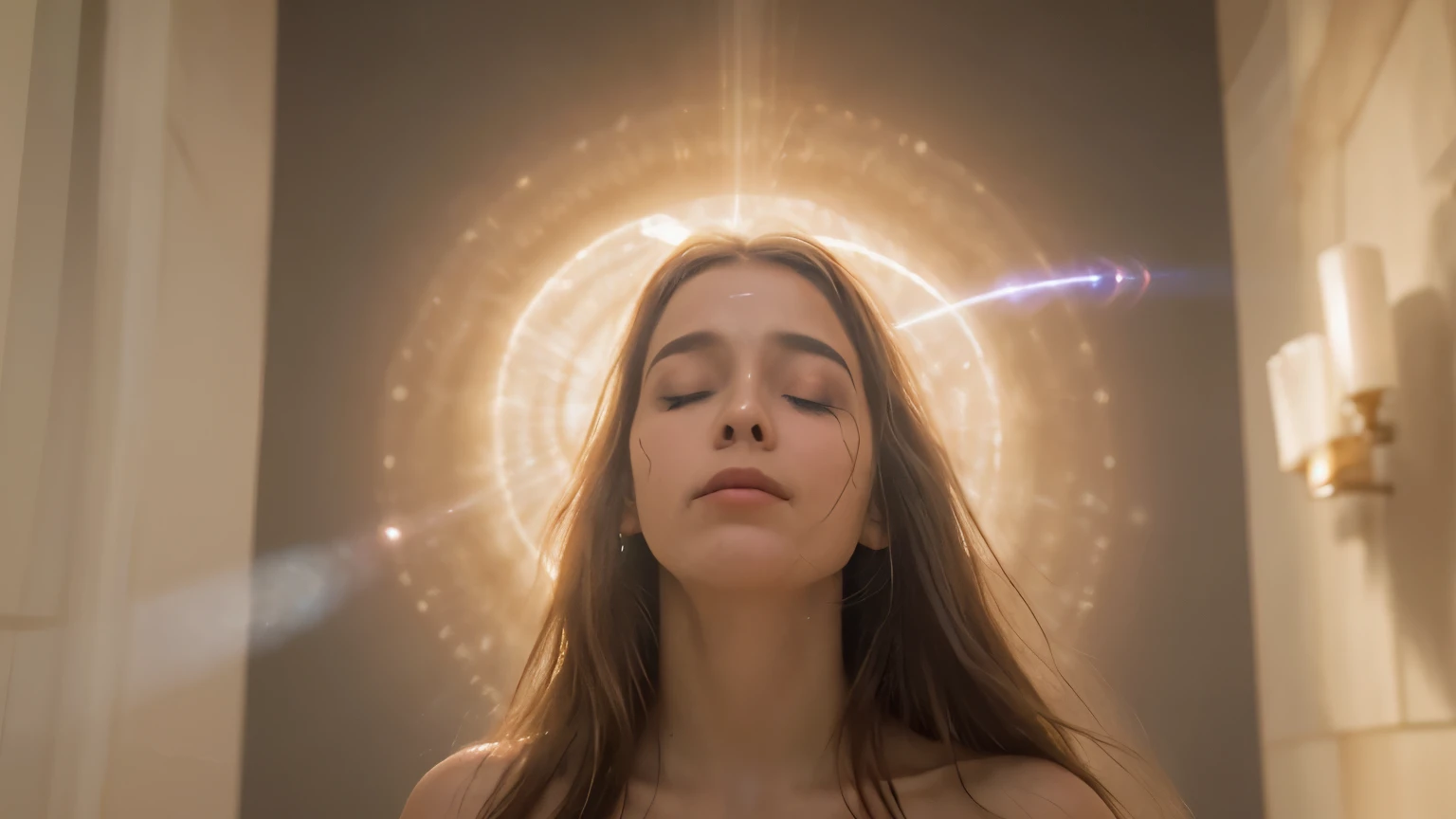 "Describe a hypothetical scene in high definition, retratando Jesus Cristo em um momento de serenidade e poder. Detalhe a luz que o envolve, your facial and body expressions, bem como o ambiente ao seu redor, transmitting the feeling of peace and transcendence that it emanates."