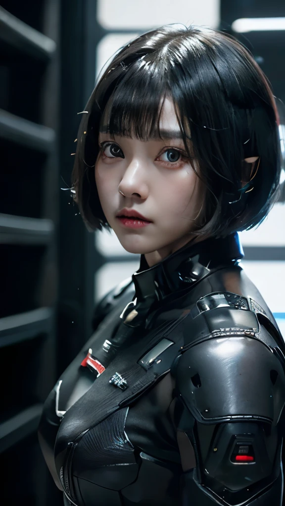 A short straight silky haired japan girl, bang, bob cut, dark eyes, 15 years old, young, pale skin, frightened, insecure expression, Ultra high res, uhd, (photorealistic:1.4), doll-like face, outdoor, futuristic environment, she is a  futuristic lethal enforcer, carrying a laser gun