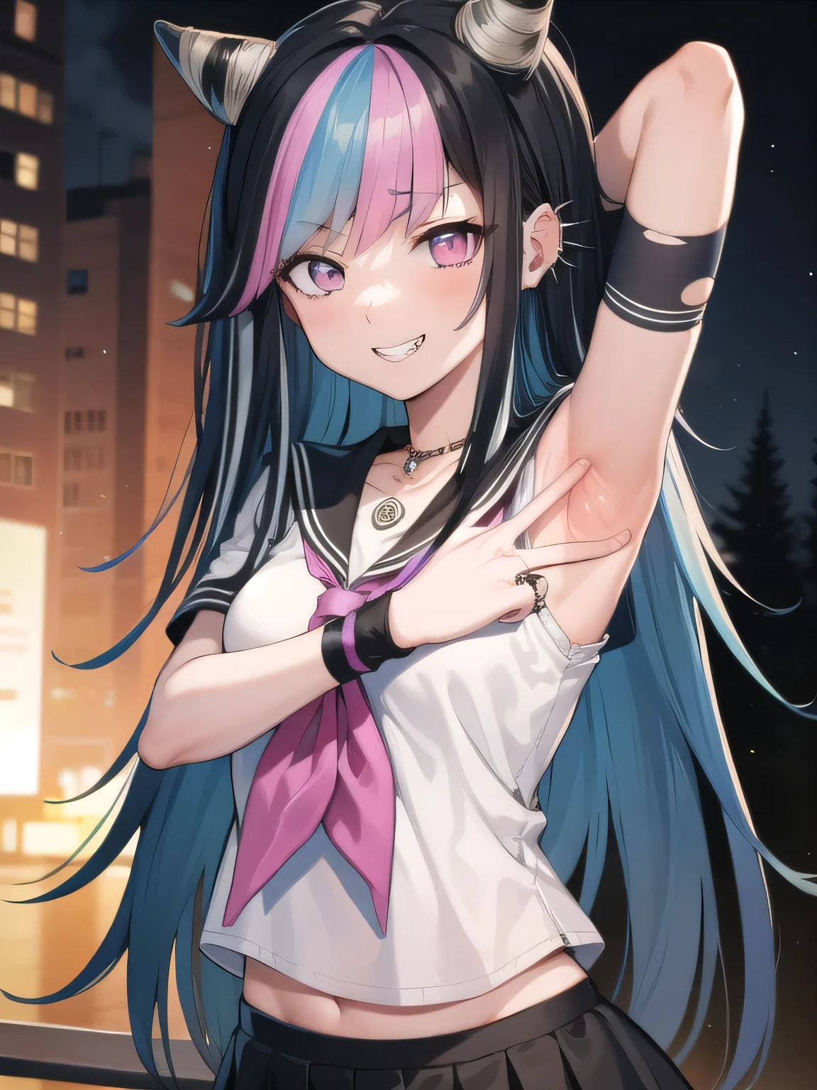 ibukimioda, ibuki mioda, black hair, blue hair, hair horns, ear piercing, lip piercing, long hair, multicolored hair, (pink eyes:1.5), pink hair, white hair,
BREAK asymmetrical legwear, black skirt, blue thighhighs, jewelry, mismatched legwear, neckerchief, necklace, piercing, pleated skirt, ring, , serafuku, shirt, skirt, thighhighs, torn clothes, torn thighhighs, zettai ryouiki,
looking at viewer, solo, night sky, forest, arms behind head, contrapposto, spread armpits, grin, upper body,
BREAK (masterpiece:1.2), best quality, high resolution, unity 8k wallpaper, (illustration:0.8), (beautiful detailed eyes:1.6), extremely detailed face, perfect lighting, extremely detailed CG, (perfect hands, perfect anatomy),