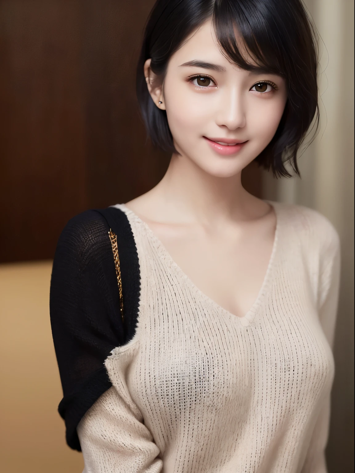 (masterpiece:1.3), (8K, realistic, Raw photo, highest quality: 1.4), (1 girl), beautiful face, (realistic face), (black hair, short hair:1.3), beautiful hairstyle, realistic eyes, detailed and beautiful eyes, (realistic skin), beautiful skin, (sweater、mini skirt), disorganized, Charm, ultra high resolution, surreal, very detailed, golden ratio、((((full body shot))))、smile