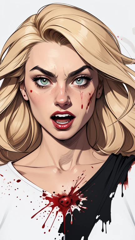 Personagem usando roupas Burlesque suja de sangue criminoso Yvonne Strahovski omagem de desenho animado de uma mulher .cartoon style illustration, estilo de arte dos desenhos animados, estilo de arte dos desenhos animados, open mouth with vampire teeth stained with criminal blood Digital illustration style, design de personagens altamente detalhado, arte digital detalhada fofa, City fan art, Design de personagens de retrato, beautiful digital illustration, retrato de alta qualidade, Arte em quadrinhos, mulher jovem. expression of sexual desire white background stained with criminal blood