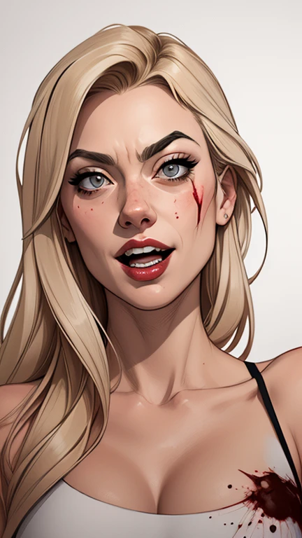 Personagem usando roupas  Burlesque suja de sangue criminoso  Yvonne Strahovski omagem de desenho animado de uma mulher .cartoon style illustration, estilo de arte dos desenhos animados, estilo de arte dos desenhos animados,   open mouth with vampire teeth stained with criminal blood Digital illustration style, design de personagens altamente detalhado, arte digital detalhada fofa, City fan art, Design de personagens de retrato, beautiful digital illustration, retrato de alta qualidade, Arte em quadrinhos, mulher jovem.  expression of sexual desire white background stained with criminal blood 