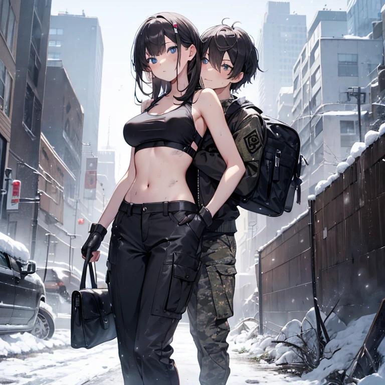 A group of female soldiers, (in snow storm), various hair styles, tank top, harem, beautiful leg, midriff, camouflage military trousers, showings off armpits, seducing, bdsm, dirty, grabbing breast from behind