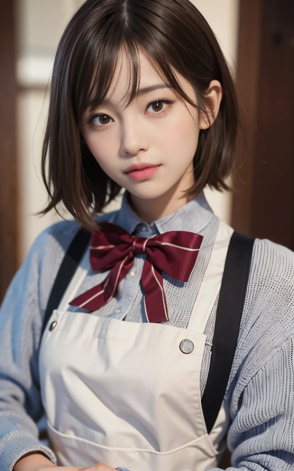 cute 21 year old japanese、apron, black bow tie、Waiter、Cafe、super detail face、pay attention to details、double eyelid、beautiful thin nose、sharp focus:1.2、Beautiful woman:1.4、(light brown hair,short hair、),pure white skin、highest quality、masterpiece、ultra high resolution、(Photoreal:1.4)、Highly detailed and professional lighting、nice smile、Carry dishes、Please show me your whole body、