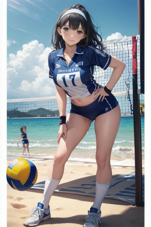 UHD, anatomically correct, 8K, (((masterpiece))), (((highest quality))), (((super detailed))), (((High resolution))), ((super detailed illustrations)), ((ultimate cutie)), detailed beautiful face, alone, one girl, , pot belly, crooked, big breasts, thick thighs, shiny hair,, smile, (blush), break, (((bloomers))), (Beach Volleyball Uniform), head band, ((Wristband)),, (((loose socks))), , ((High Top Sneakers)), stylish pose, ((Sweat)), (Sweatをかいた), (heavy breathing), sense of depth, on the beach, lit, view audience,full body、(blue volley ball uniform:1.3)