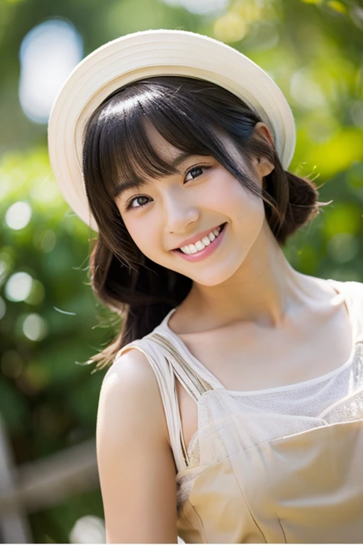 masterpiece, best quality:1.1), (8k, raw photo, photo realistic:1.2, f22), (shiny skin), detailed skin,long hair,detailed face, detailed eyes,smile,BREAK, real world, intricate details, smil, BREAK, 1girl, full body,(flower puttern,cap)BREAK, (city:1.4)