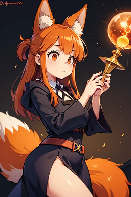 An orange haired female witch with copper eyes and hourglass figure with orange fox ears and an orange fox tail in a conservative witch's dress and black tights is practicing fire magic at night.