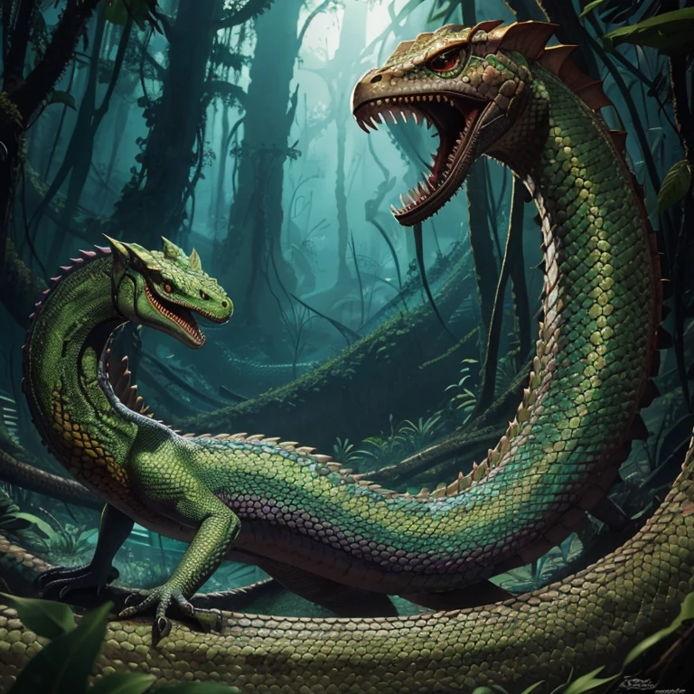 Leon fusionado con serpiente, serpientes en su melena, ojos de reptil, colores verdosos, furioso, Fantasyart, semirrealista, cola de serpiente, escamas adheridas al pelaje