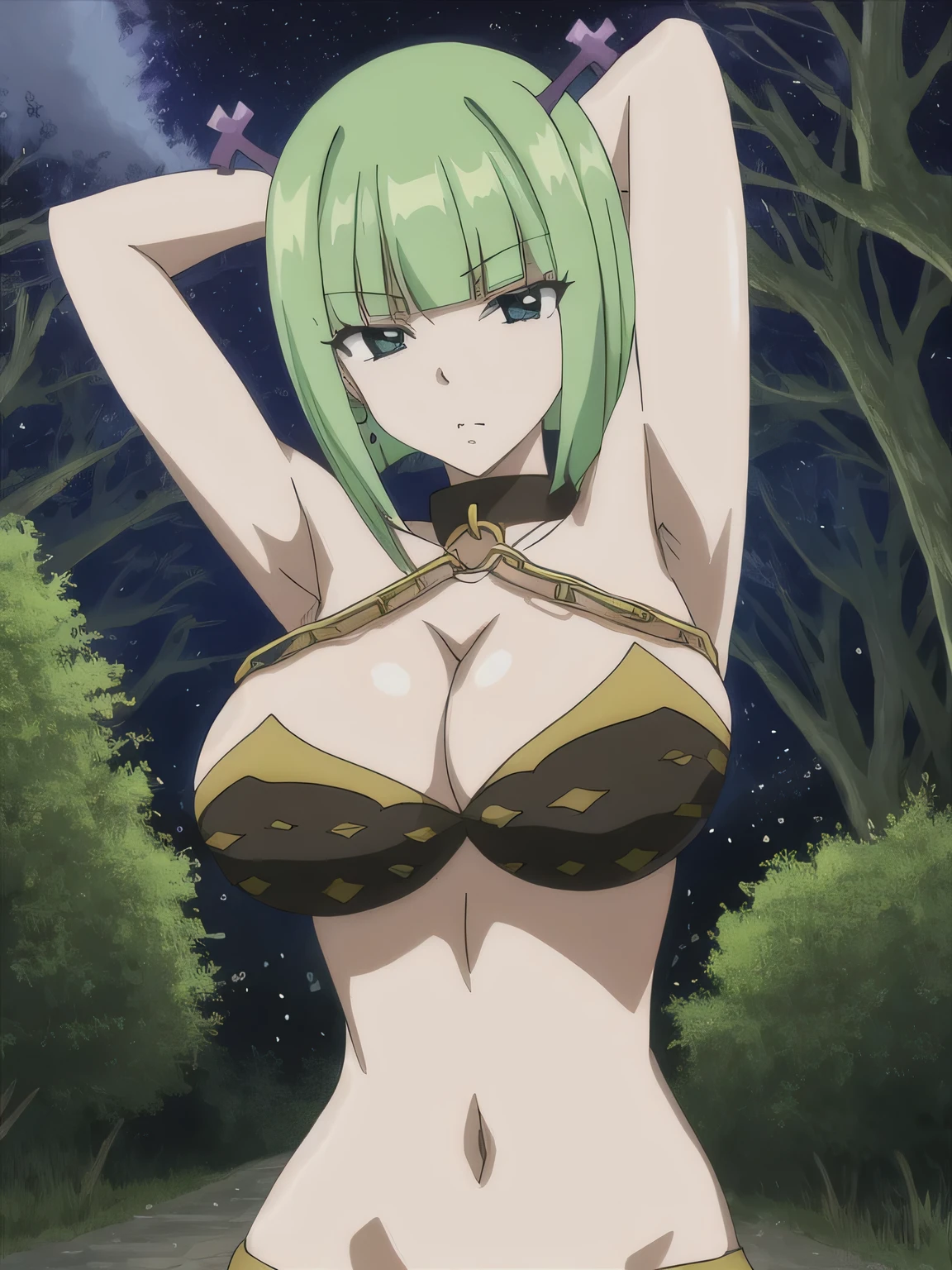 brandish, 1girl, solo, looking at viewer, cleavage, collar, chain, anime coloring, solo, upper body, night sky, forest, arms behind head, contrapposto, spread armpits, closed mouth, best quality, expressionless,