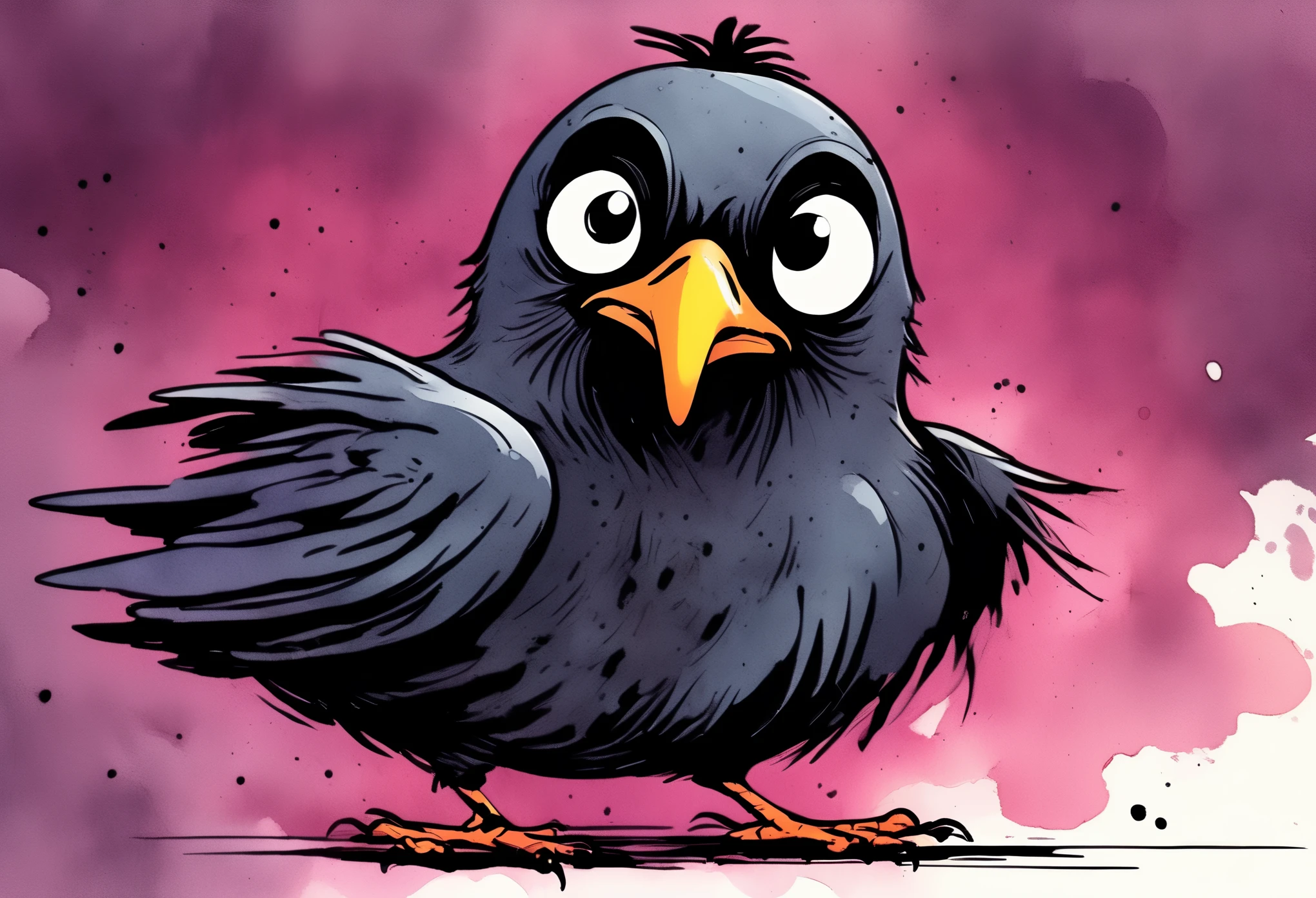 ink style figure, black crow, adorable cute, silly sinister mischievous, sly smile, knowing beady eye expression look, (wordless, single image), expressive ink, precise harsh stroke lines, animated cel, rotoscope, rich color grading shading shadows depth, nuanced watercolor background, hand drawn comic, accurate, detailed, craftsmanship, nighttime, splash page, decompressed comic, cover art, chiaroscuro lighting, unified color scheme, simple lines, subtle flourish reflection
