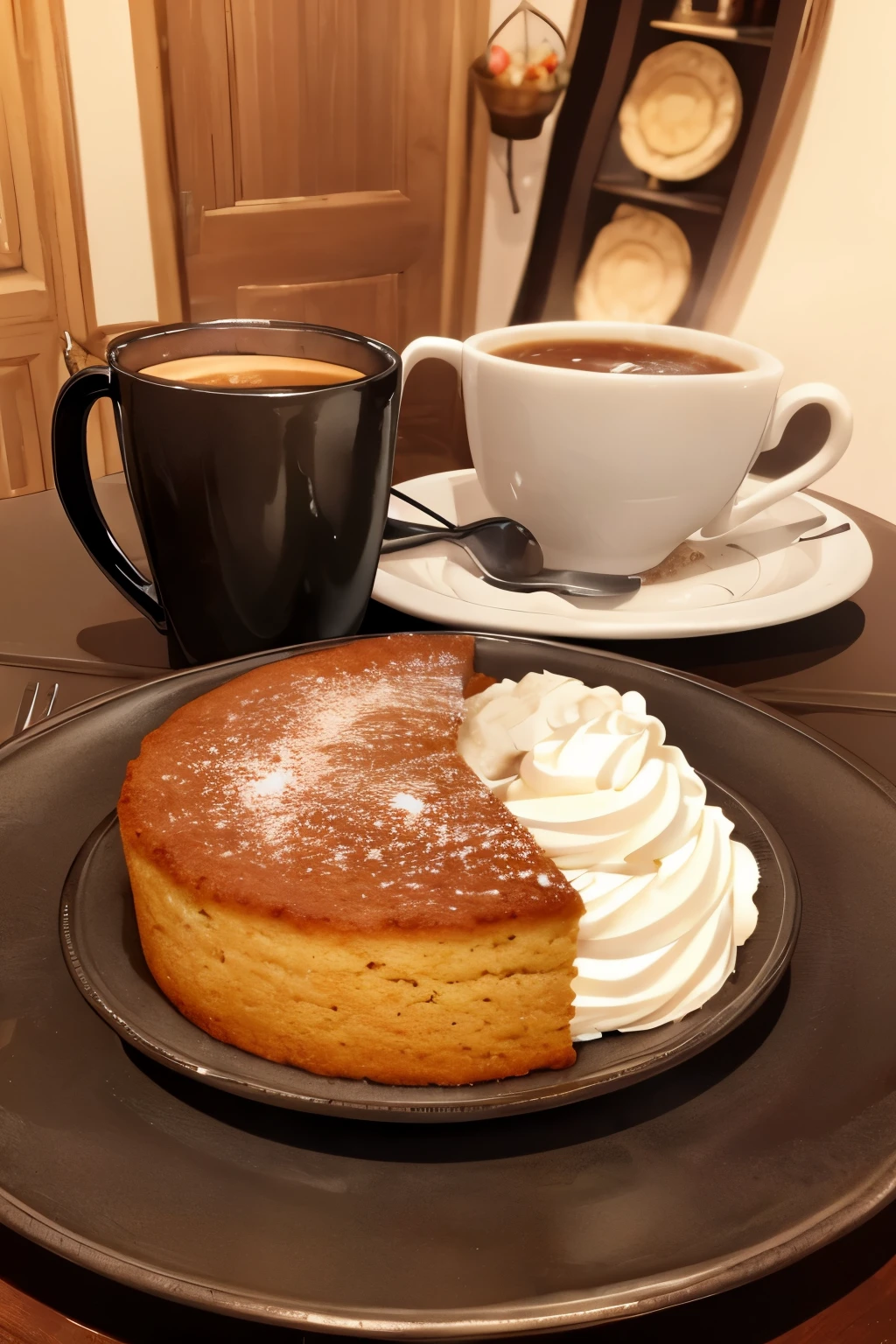 coffee with cornmeal cake and a black hand in the background holding a rosary