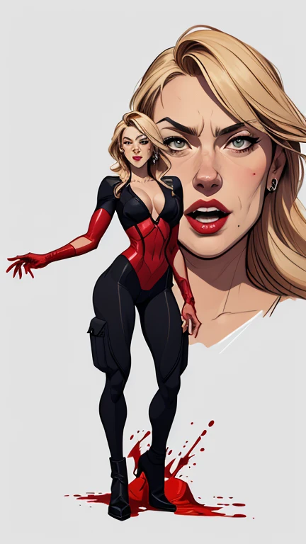 Personagem usando roupas Burlesque suja de sangue criminoso Yvonne Strahovski omagem de desenho animado de uma mulher .cartoon style illustration, estilo de arte dos desenhos animados, estilo de arte dos desenhos animados, open mouth with vampire teeth stained with criminal blood full body Digital illustration style, design de personagens altamente detalhado, arte digital detalhada fofa, City fan art, Design de personagens de retrato, beautiful digital illustration, retrato de alta qualidade, Arte em quadrinhos, mulher jovem. expression of sexual desire white background covered in criminal blood full body