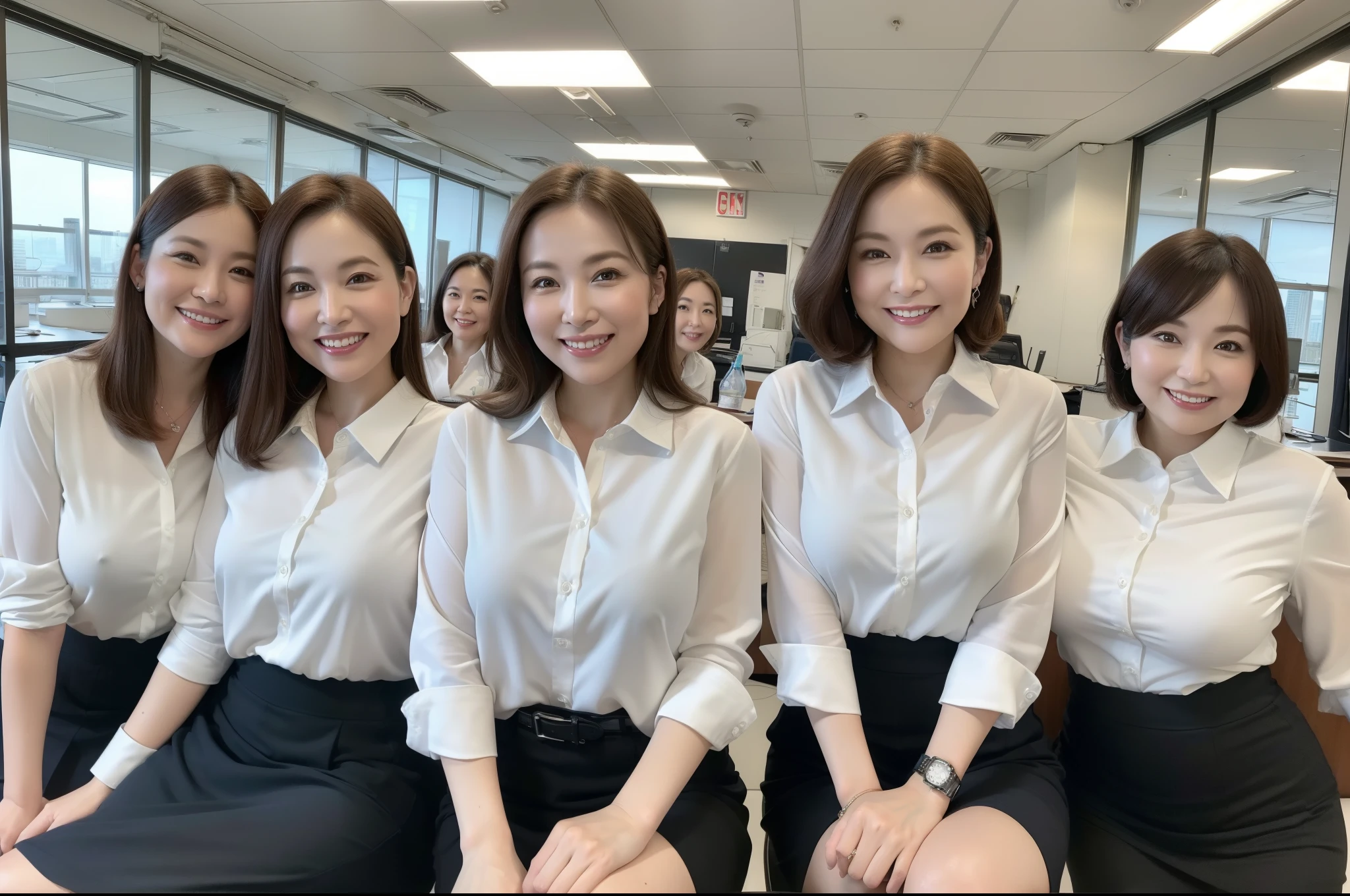 ((Best Quality, 8k, Masterpiecedetails, ultra-high resolution)), (group picture),(looking at the viewer), (full shot:), attractive business 5 milfs, 5 people, a bit chubby:0.25, seductive expression, white collared shirt, grey skirt, (sitting with cross legs on office desks)), smile, office of CEO,